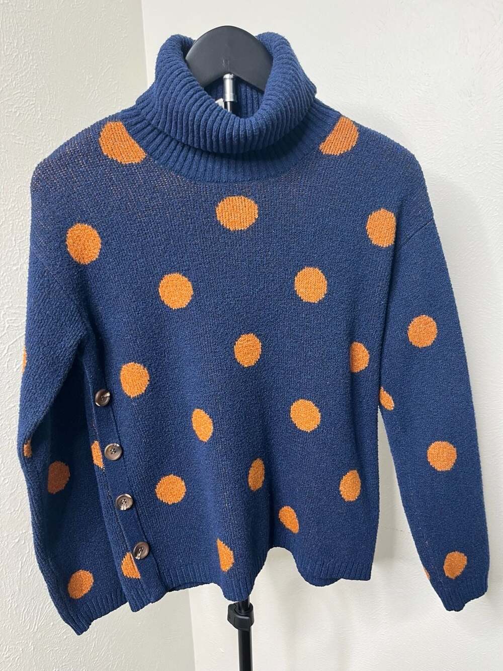 Blue & Orange Polka Dot Turtleneck Sweater Retro Colorful Cozy Knit Pullover